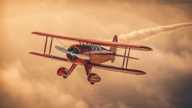 Uma foto de um biplano vintage fazendo acrobacia aérea