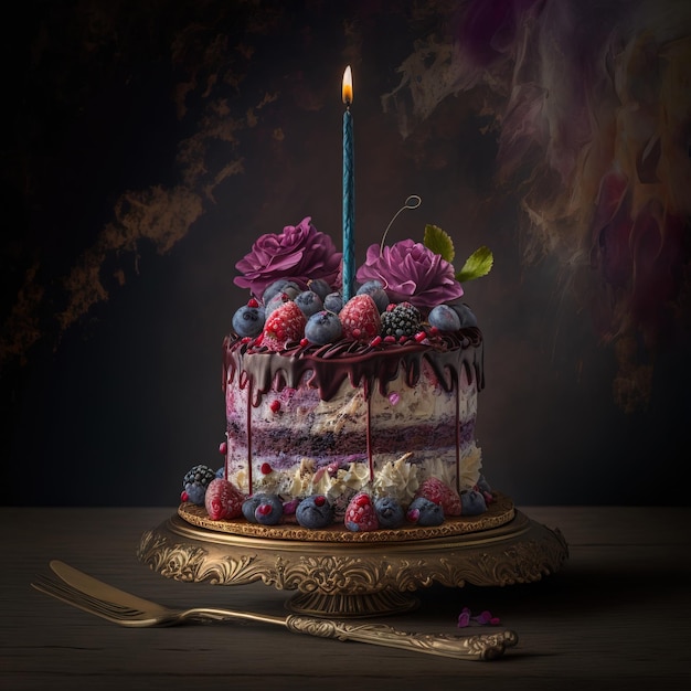 Uma foto de um bolo artístico com um design abstrato exclusivo em várias cores generativas ai