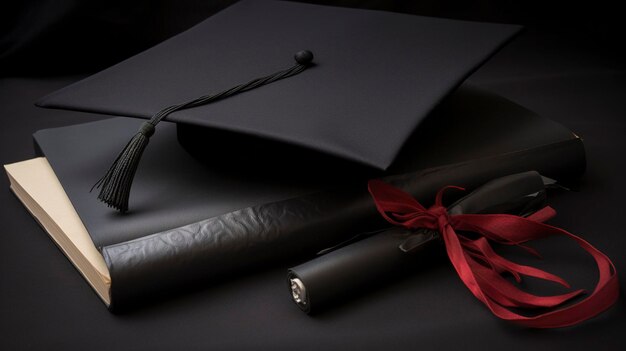 Uma foto de um boné de formatura e um diploma em um vestido de formatura