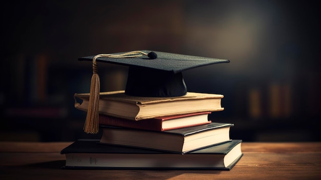 Uma foto de um boné de formatura em uma pilha de livros