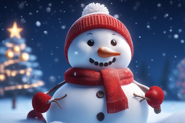 Foto uma foto de um boneco de neve no inverno com um fundo noturno de celebrações de natal