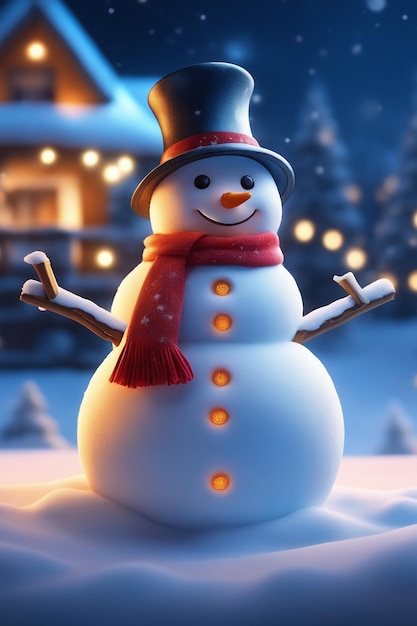 Uma foto de um boneco de neve no inverno com um fundo noturno de celebrações de Natal