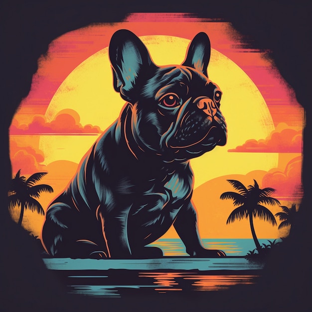 uma foto de um bulldog na praia com palmeiras ao fundo.