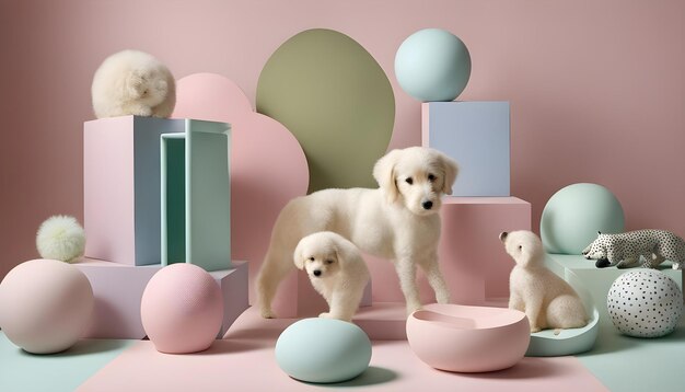 Foto uma foto de um cachorrinho e alguns ovos com um deles tem um fundo rosa com um cachorro azul e branco no meio