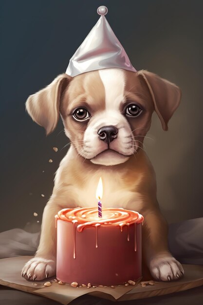 uma foto de um cachorro bebê com um bolo de aniversário