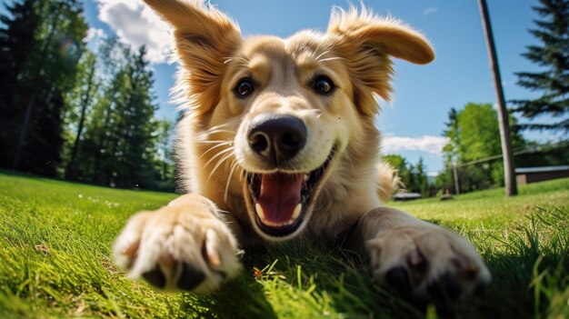 Uma foto de um cachorro brincando com uma bola em um quintal à luz do dia