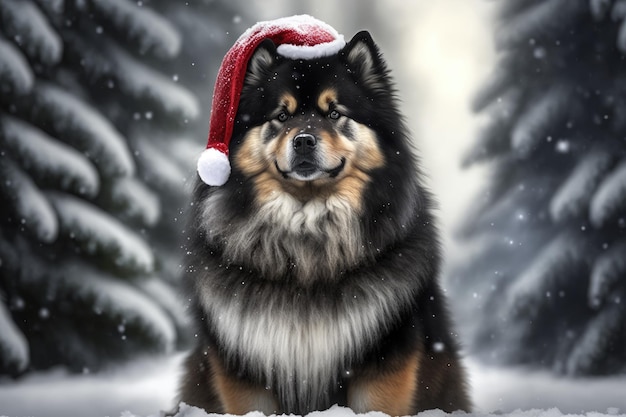 Uma foto de um cachorro Lapphund finlandês do lado de fora no inverno com um chapéu de Papai Noel