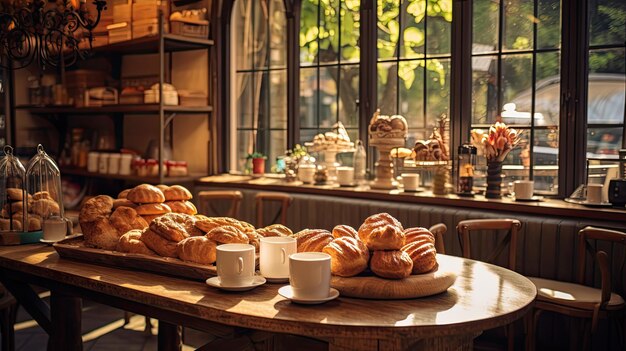 Uma foto de um café aconchegante com uma exibição de bolos recém-cozidos com luz ambiente quente