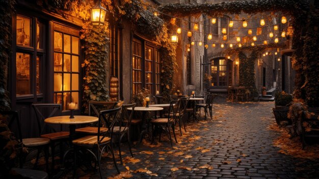 Uma foto de um café encantador com luzes de fada cintilantes no fundo da rua de paralelepípedos