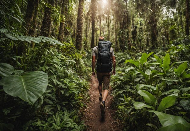 Uma foto de um caminhante feliz caminhando pelo Everest com uma mochila