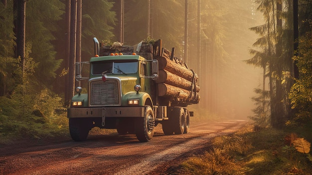 Uma foto de um caminhão madeireiro durável carregando madeira