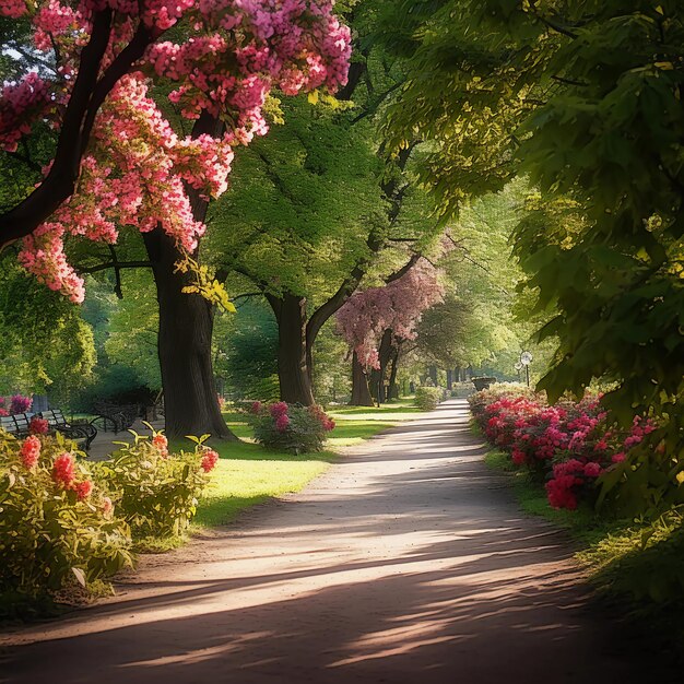 uma foto de um caminho através de um parque de verão florescendo lugares sentados no caminho