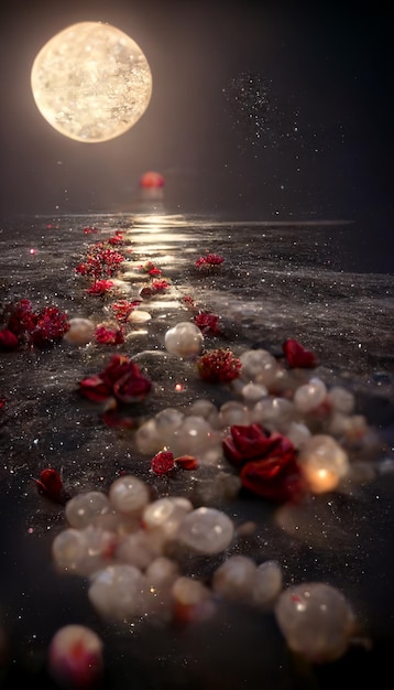Uma foto de um caminho de rosas e uma luz que brilha na água.
