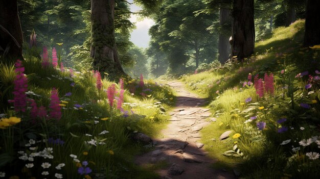 Uma foto de um caminho tranquilo na floresta com um tapete de flores silvestres
