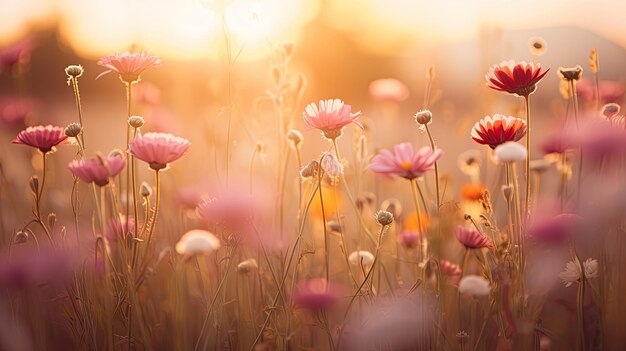 Uma foto de um campo de flores silvestres com iluminação de hora de ouro