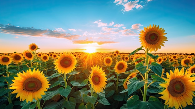 Uma foto de um campo de girassóis com uma iluminação de hora de ouro no céu azul