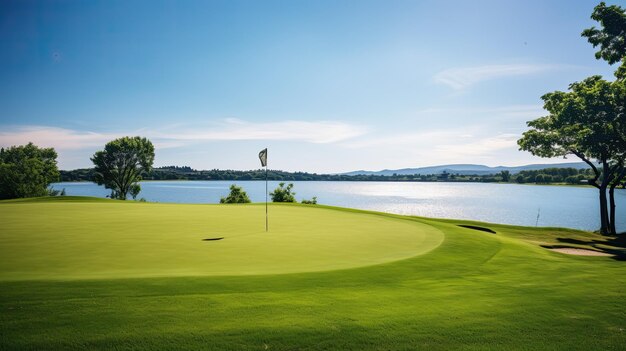 Uma foto de um campo de golfe com um cenário rural do lago