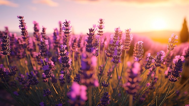 Uma foto de um campo de lavanda iluminado pelo sol na Provença