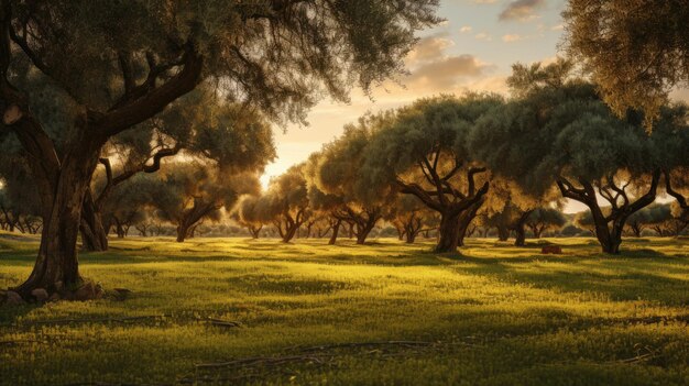 Uma foto de um campo de oliveiras hora de ouro luz do sol