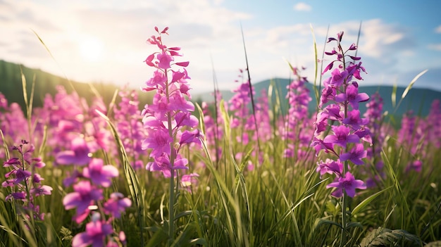 Uma foto de um campo de orquídeas selvagens em um prado