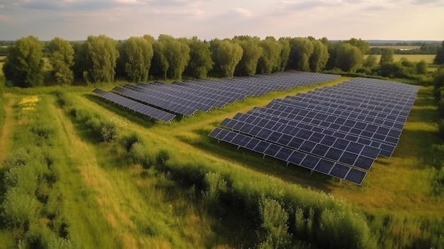 Uma foto de um campo de painéis solares