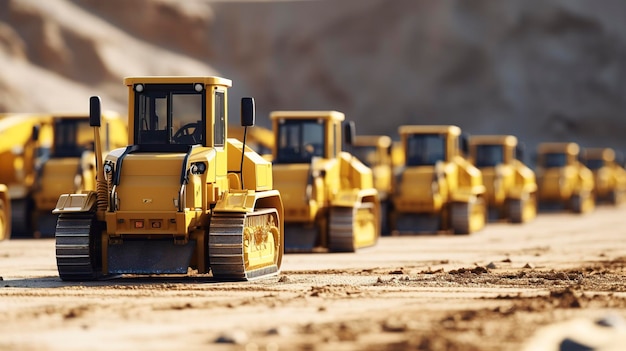 Uma foto de um canteiro de obras com uma fileira de escavadeiras