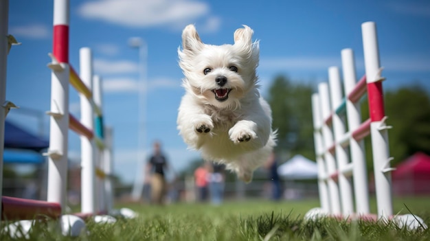 Uma foto de um cão confiantemente e calmamente navegando através de um conjunto de postes de tecelagem durante o treino de agilidade