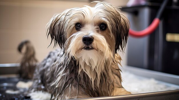 Uma foto de um cão recebendo um deleite de desmembranhamento de peles