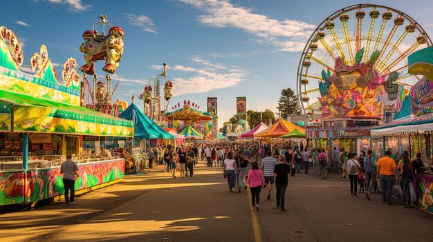 Uma foto de um carnaval movimentado com passeios coloridos luz do sol brilhante