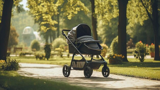 Uma foto de um carrinho de bebê em um parque