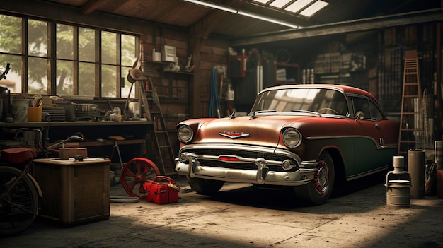Uma foto de um carro vintage em uma garagem