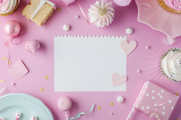 uma foto de um cartão de convite em branco em uma mesa de aniversário de uma criança com decoração de princesa