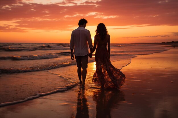 Uma foto de um casal de mãos dadas passeando pela praia de areia, desfrutando de uma caminhada tranquila enquanto o