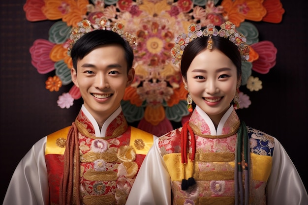 Uma foto de um casal sorridente em vestido tradicional coreano com uma mão levantada em frente a cada um deles