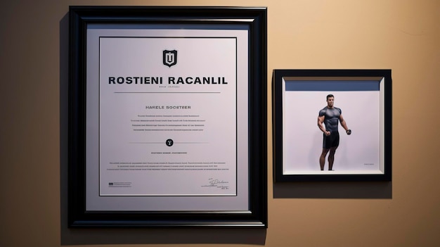 Uma foto de um certificado de treinamento pessoal exibida em uma parede