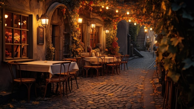 Uma foto de um charmoso café ao ar livre com luzes de fada cintilantes no fundo da rua de paralelepípedos