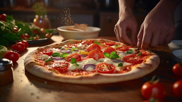 Foto uma foto de um chef adicionando coberturas a uma pizza