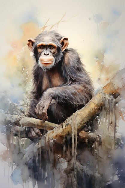uma foto de um chimpanzé sentado em um galho de árvore