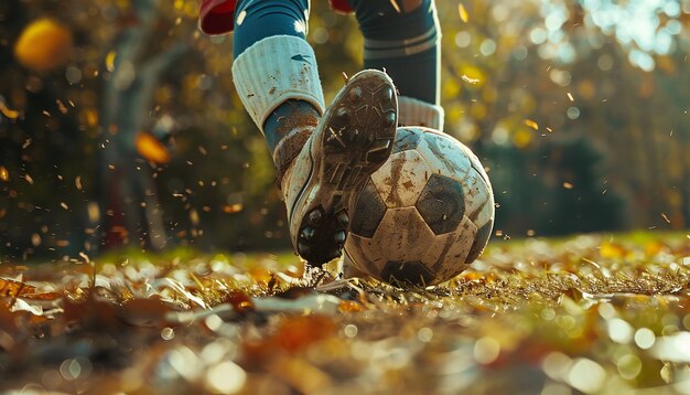 Foto uma foto de um chute de futebol em movimento ilustrando a habilidade e a paixão do jogo