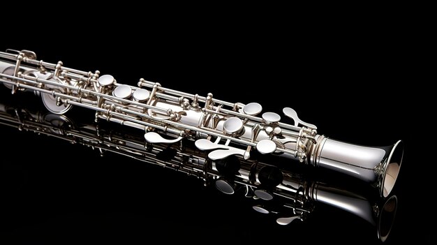 Uma foto de um clarinete prateado brilhante contra um fundo elegante