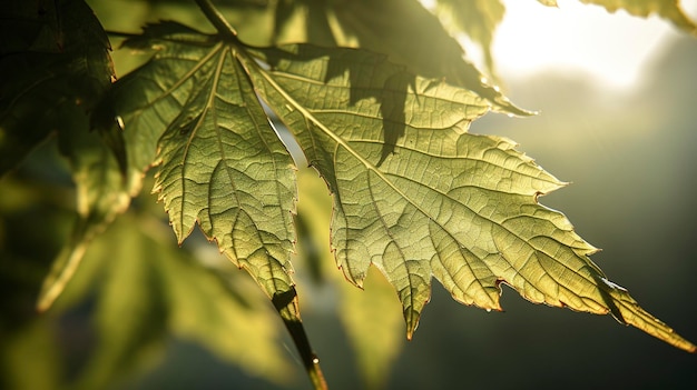 Uma foto de um close de uma folha de palma iluminada pelo sol