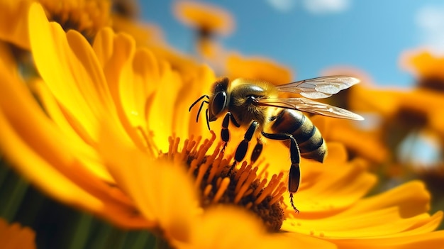 Uma foto de um close-up de uma abelha em uma flor coletando pólen de uma flor