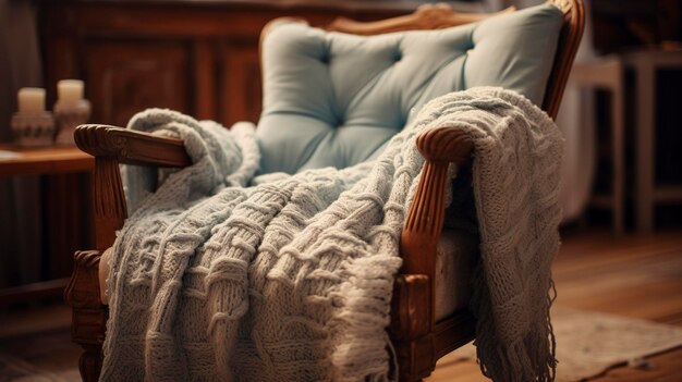 Uma foto de um cobertor de bebê drapeado sobre uma cadeira de balanço