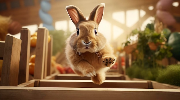 Uma foto de um coelho habilidoso mostrando agilidade em um ambiente controlado