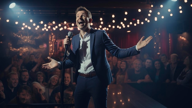 Uma foto de um comediante no palco de um clube de comédia