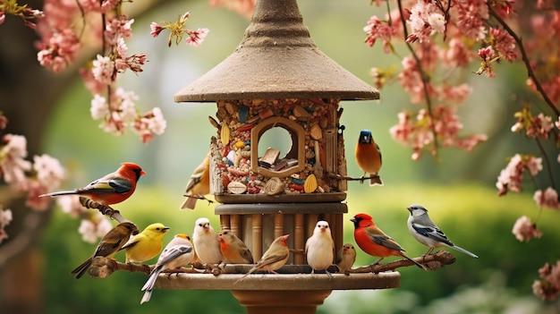 Foto uma foto de um comedouro de pássaros cercado por lindos pássaros