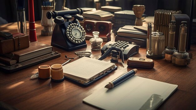 Uma foto de um conjunto de ferramentas de escritório vintage em uma mesa de madeira