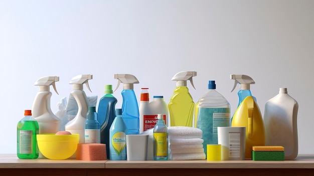 Uma foto de um conjunto de produtos de limpeza bem organizado