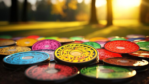 Uma foto de um conjunto intocado de discos de golfe frisbee