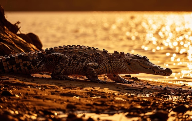 Uma foto de um crocodilo de silueta formidável a patrulhar as bordas do seu território.